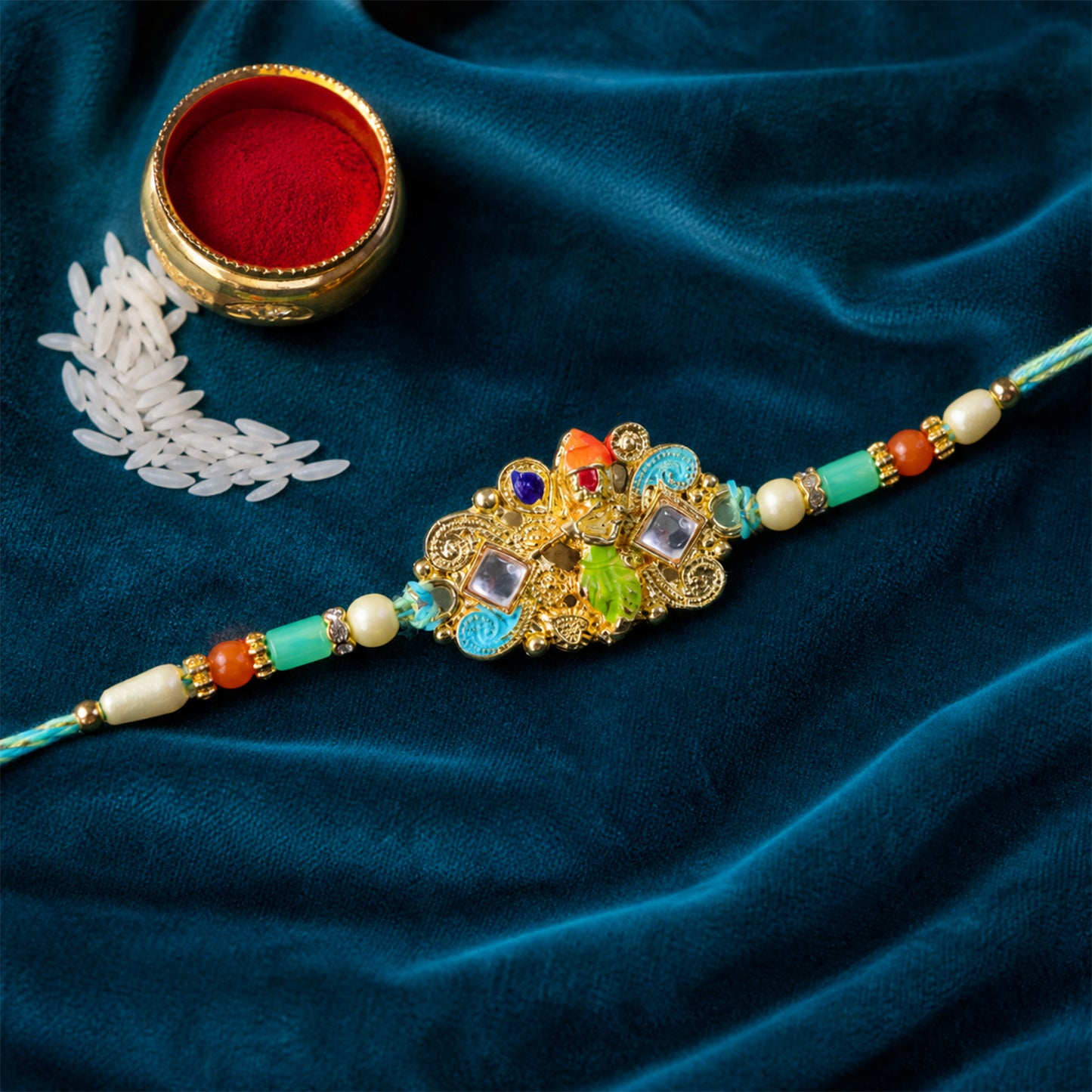 Oxidized Kundan Cluster Pendant Rakhi with Teal and Coral Beads