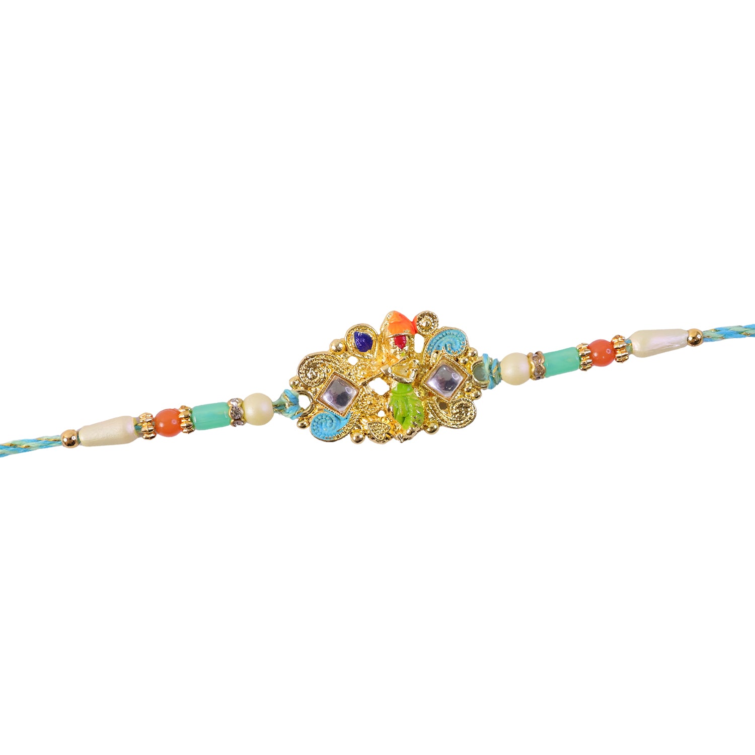 Oxidized Kundan Cluster Pendant Rakhi with Teal and Coral Beads