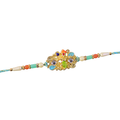 Oxidized Kundan Cluster Pendant Rakhi with Teal and Coral Beads
