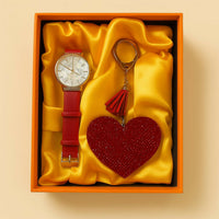 Stylish Leather Strap Analog Watch with Sparkling Heart Keychain – Elegant Gift Set for Women & Girls, Fashion Wrist Watch Combo with Charm Accessory in Gift Box