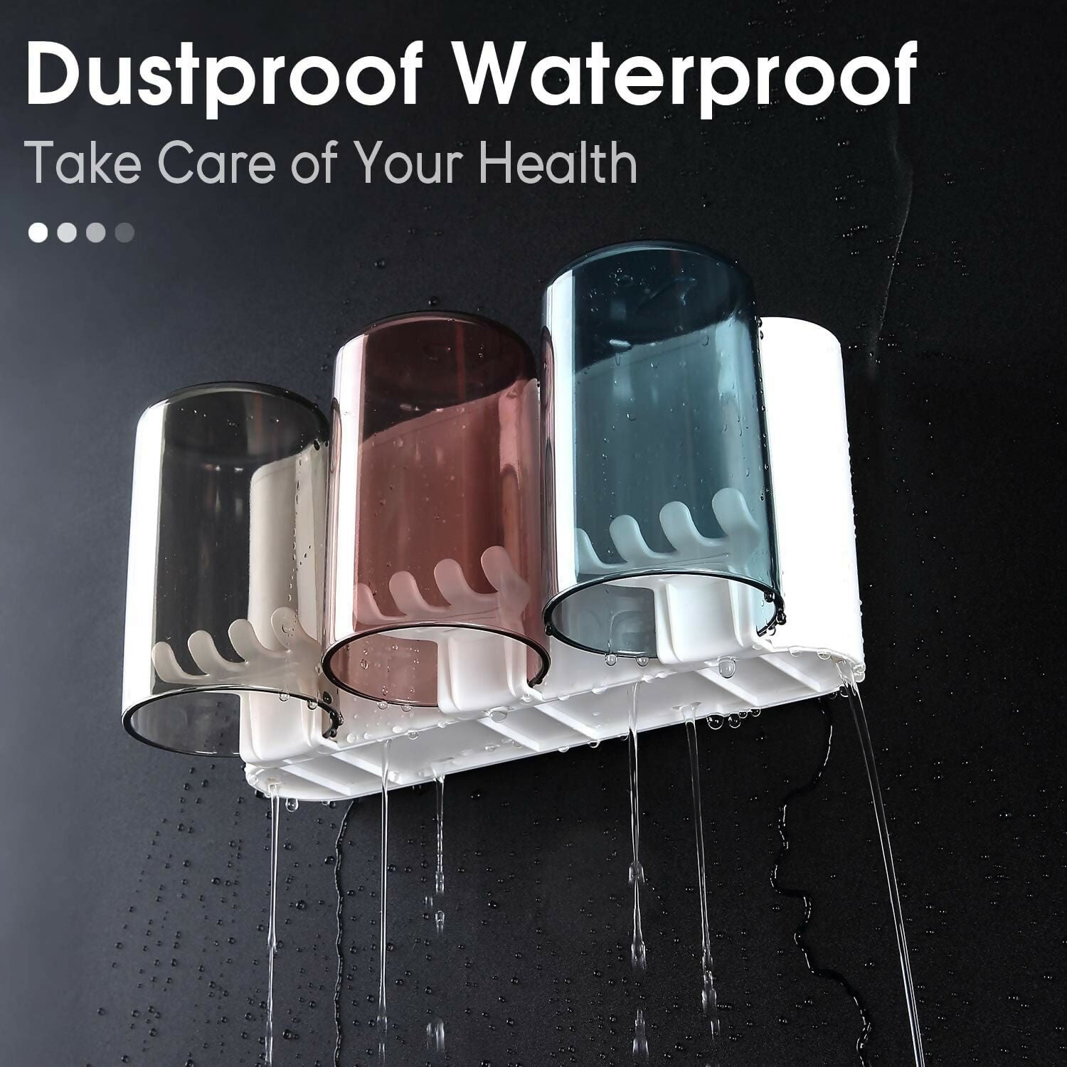 Close up of toothbrush holder cups with toothbrushes