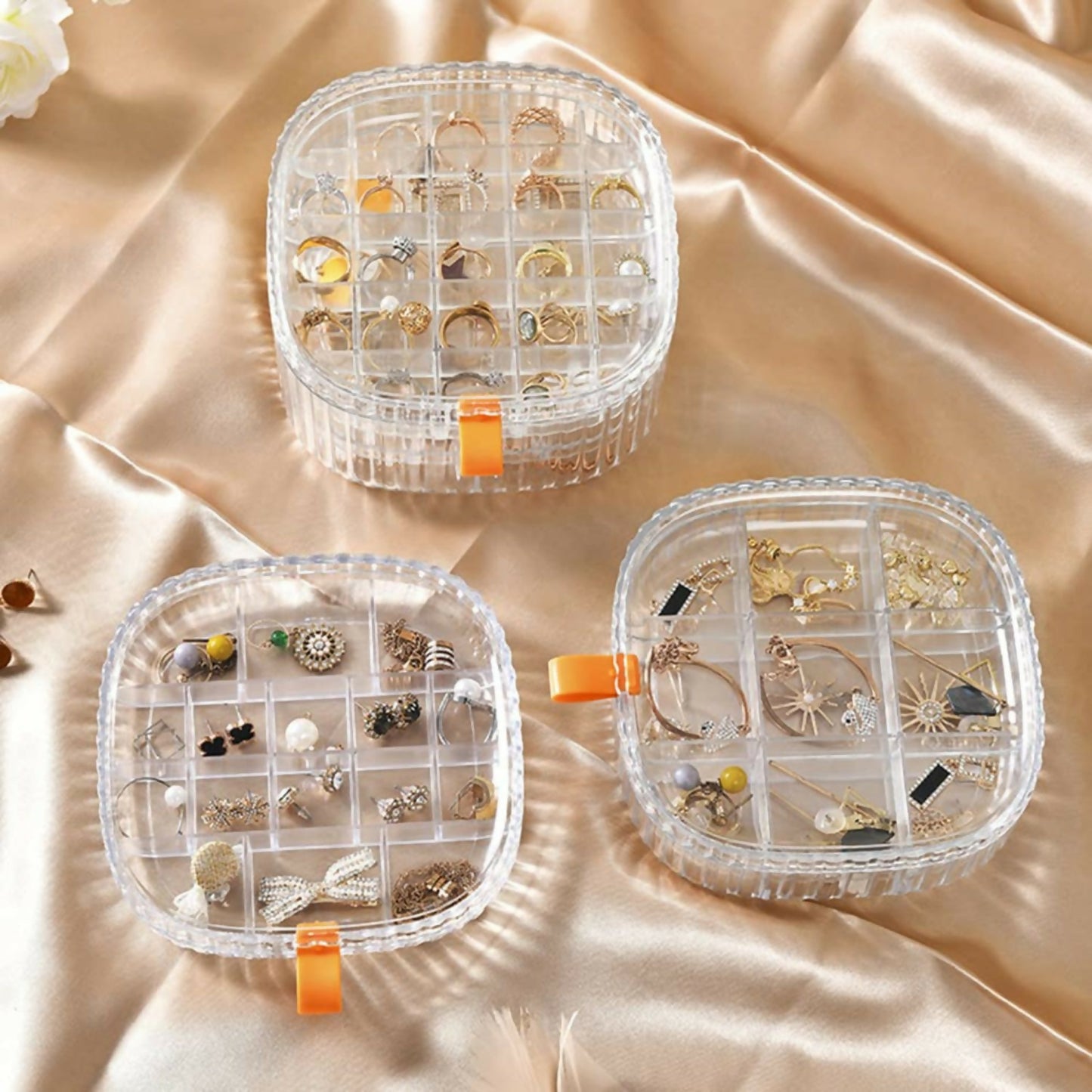 Top-down view of the rotating jewelry organizer, showing multiple tiers