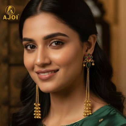 Close-up of Kashmiri style gold latkan earrings showing floral stud and dangling chains