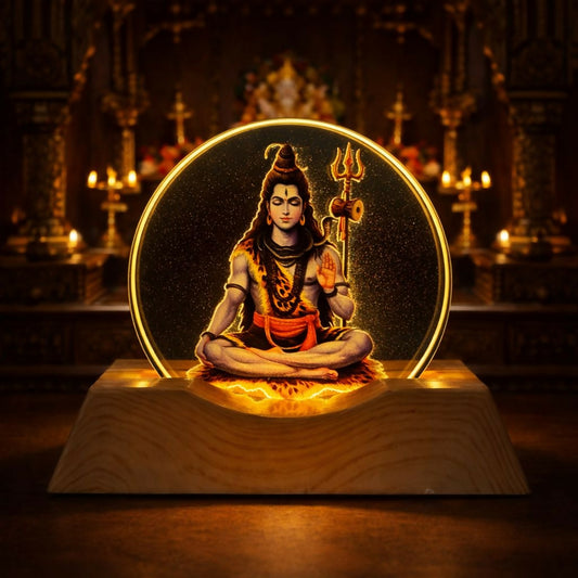 LED Lord Shiva Acrylic Lamp with Wooden Base Spiritual Decor