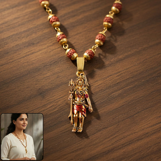 Gold Plated Shiv Ji Pendant & Rudraksha Bead Necklace