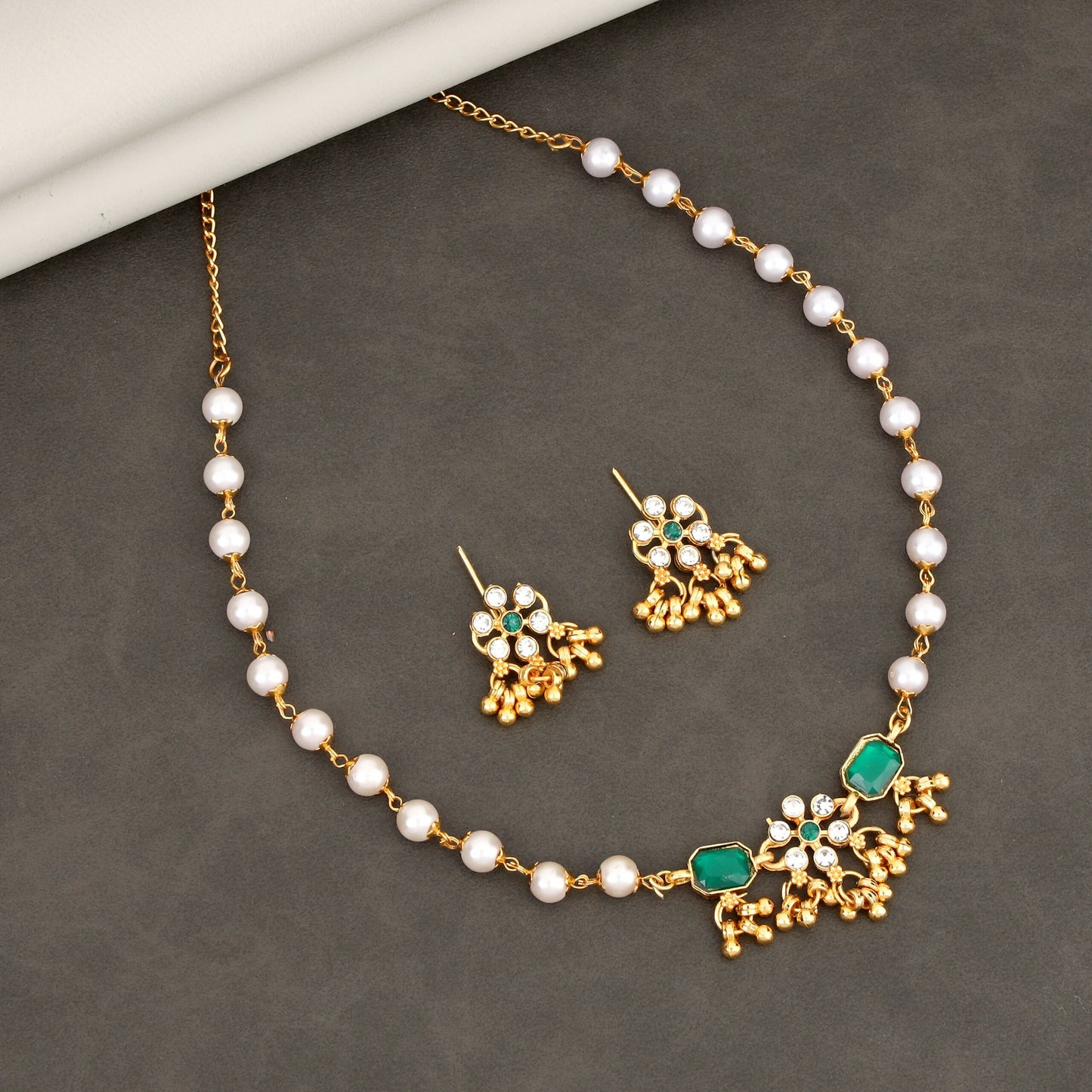 Traditional Gold-Plated Green Enamel Lotus Choker with Pearl Drops