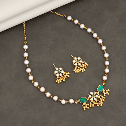 Traditional Gold-Plated Green Enamel Lotus Choker with Pearl Drops