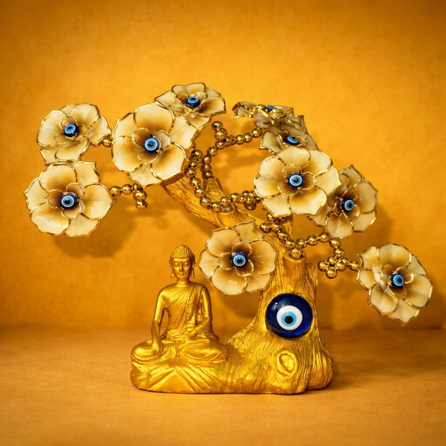 Golden Buddha Tree Showpiece with Yellow Flowers & Evil Eye for Home Decor