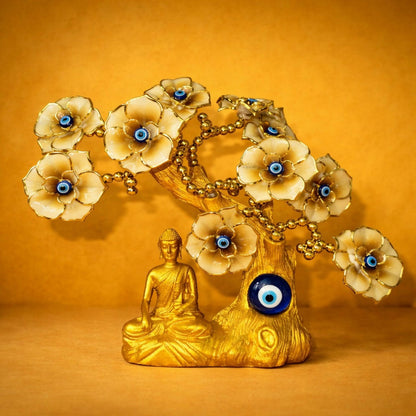 Golden Buddha Tree Showpiece with Yellow Flowers & Evil Eye for Home Decor