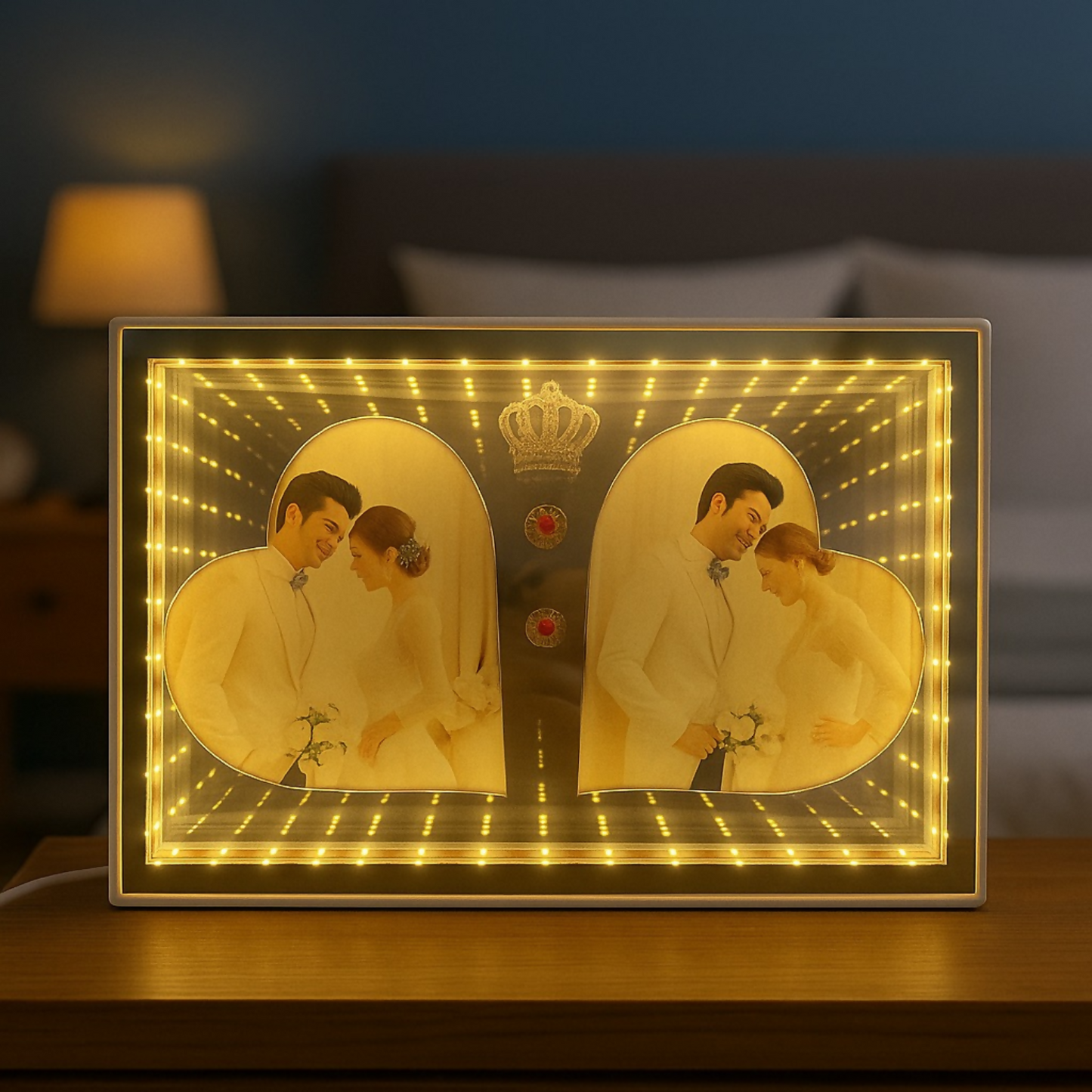 Infinity Mirror LED Double Heart Photo Frame | Warm Light Illuminated Couple Wedding & Anniversary Picture Frame with Crown Design | USB Powered 3D Tunnel Effect Love Lamp for Bedroom, Gift & Home Decor