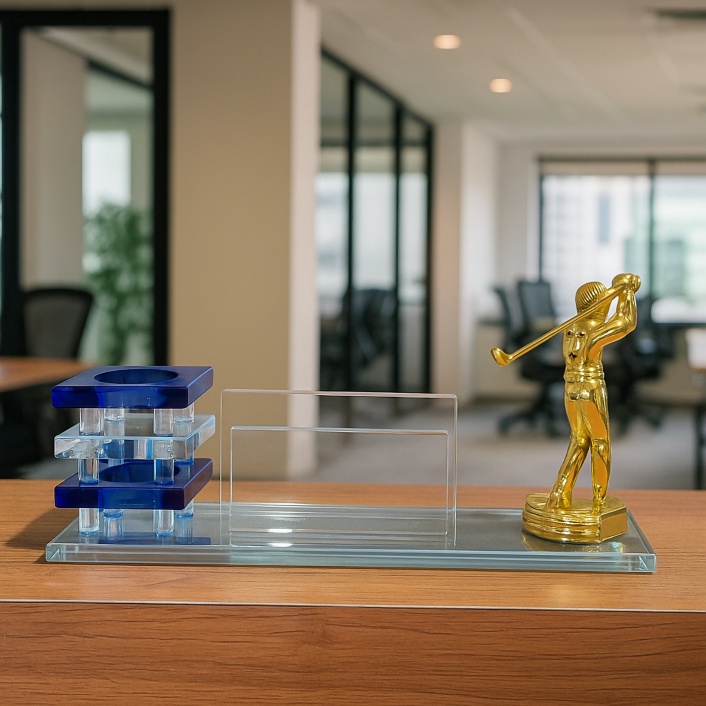 Elegant Golf-Themed Acrylic Pen Stand and Visiting Card Holder Set with Blue Crystal Base and Golden Golfer Figurine – Premium Office Desk Organizer and Corporate Gift for Professionals