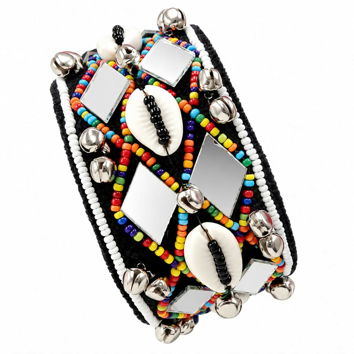 A wide black cuff bracelet with colorful beads, mirrors, shells, and silver bells on a white background.