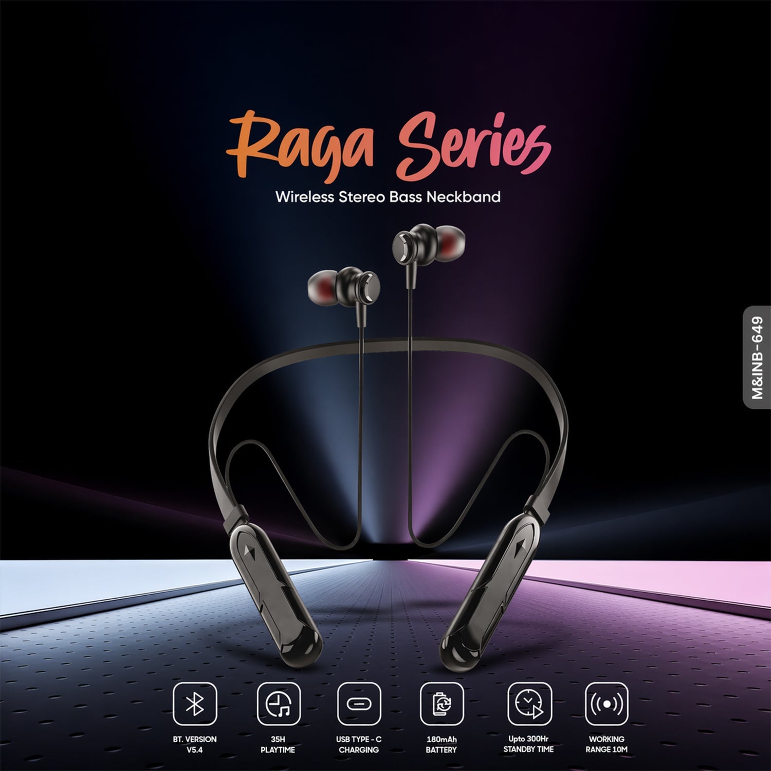 Raga Series Wireless Stereo Bass Neckband Earphones, Neck band (1 Pc)