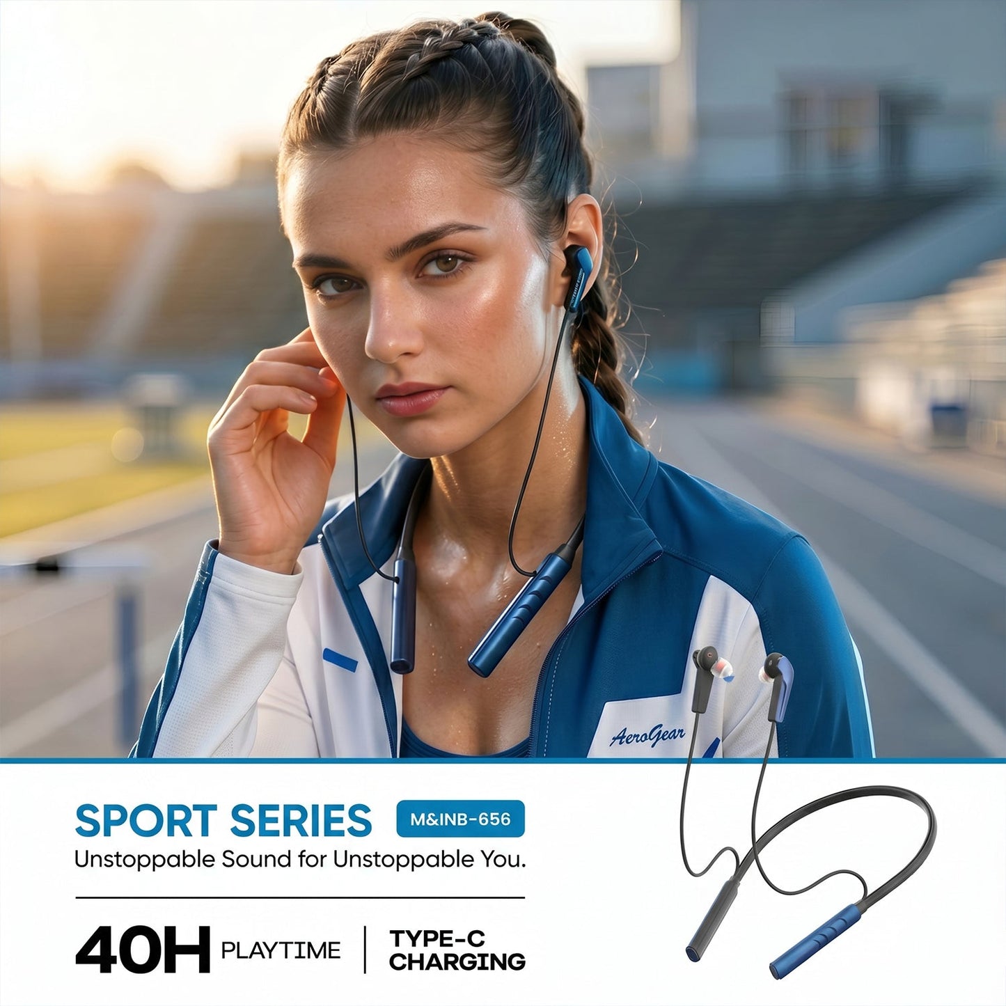 Wireless neckband earphones side view showing flexible neckband