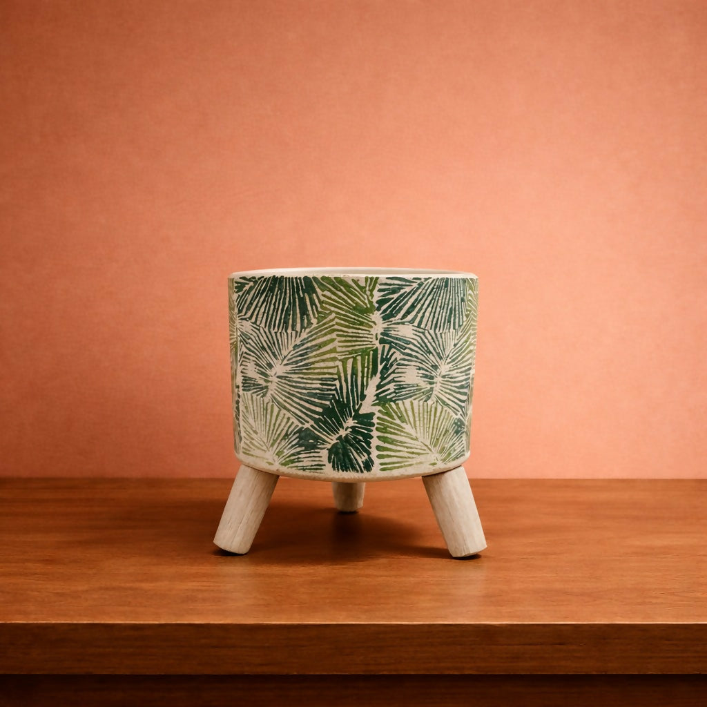 Ceramic Planter Pot with Wooden Stand Decorative Plant Holder