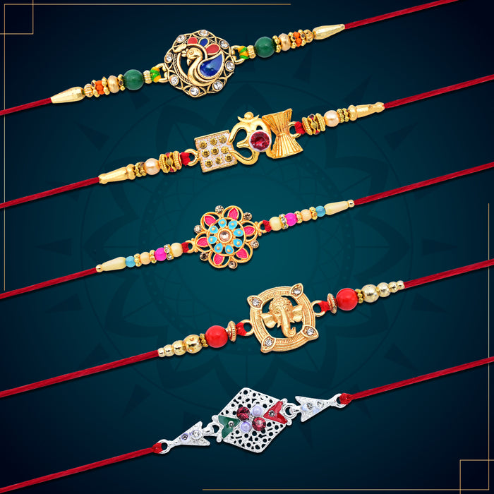 Golden Color Rakhi With Traditional And Religious Design Rakhis With Effete Choco Almond Chocolate 96Gm ,Silver Color Pooja Coin, Roli Chawal & Greeting Card