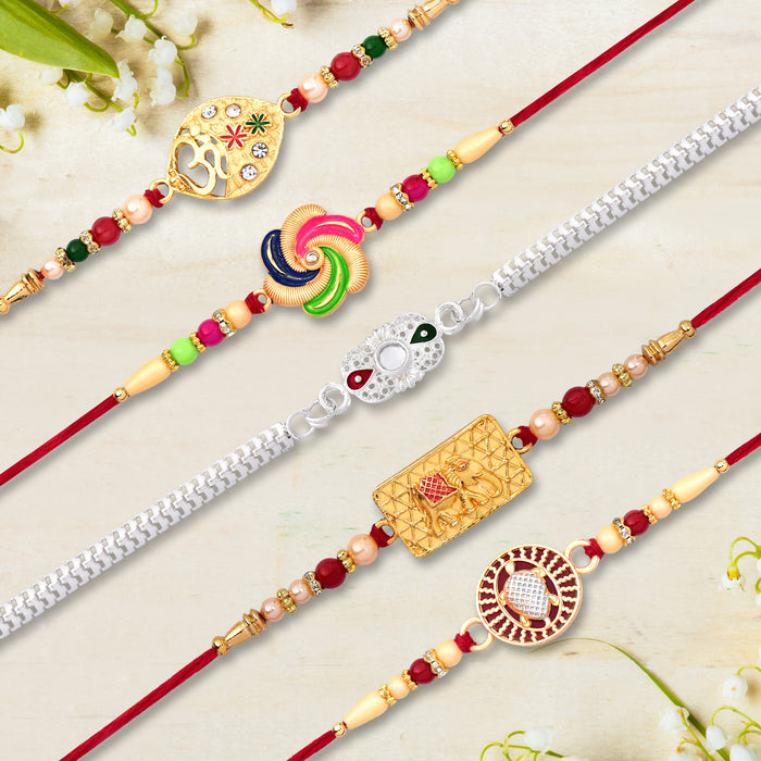5 Rakhi Set With Traditional Design Golden Color Rakhi And Silver Color Rakhi With Effete Choco Beats Chocolate 32Gm ,Silver Color Pooja Coin, Roli Chawal & Greeting Card
