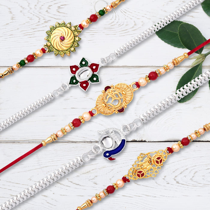 5 Rakhi Set With Traditional Design Golden Color Rakhi And Silver Color Rakhi With Effete Choco Almond Chocolate 32Gm ,Silver Color Pooja Coin, Roli Chawal & Greeting Card