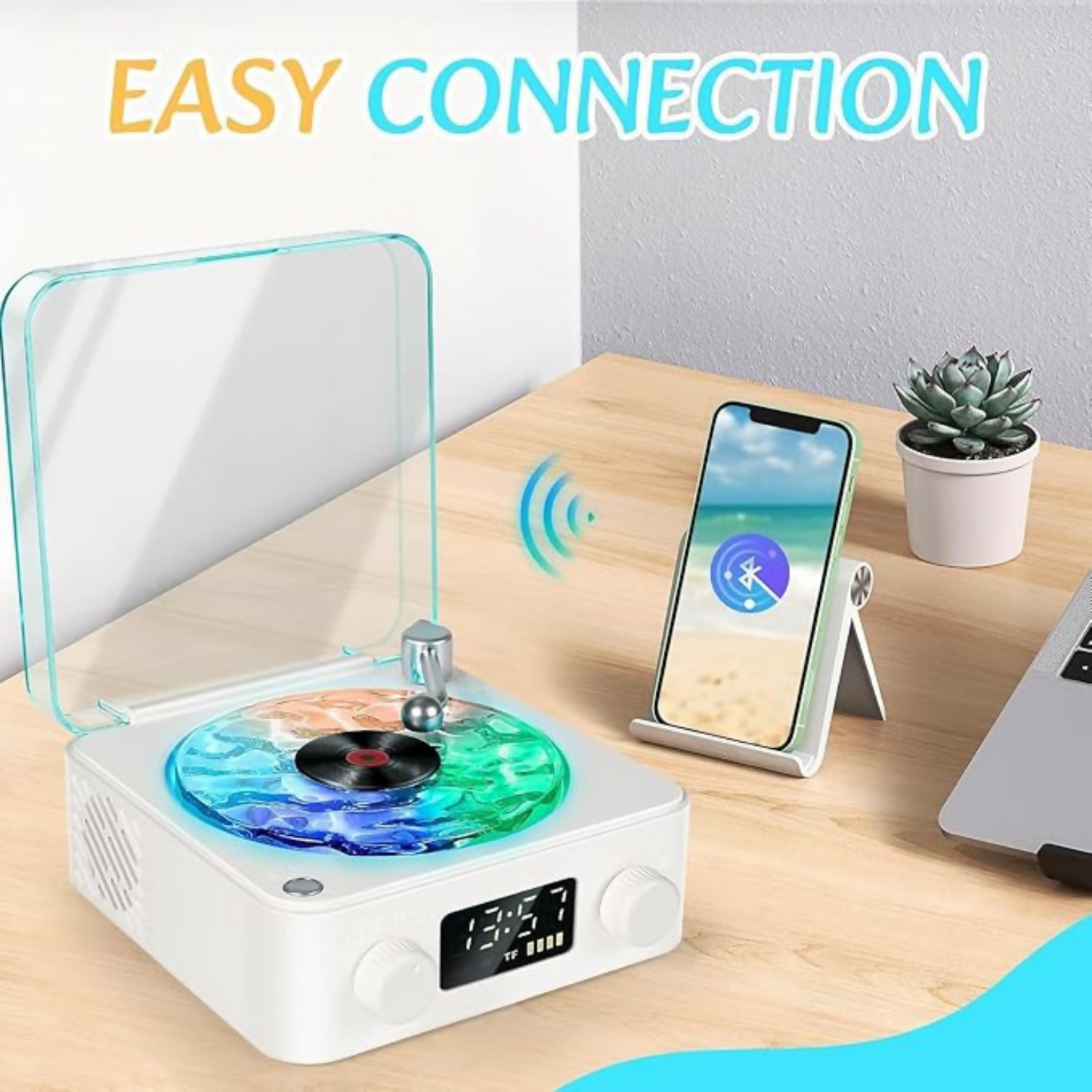 WAVES Ocean Vinyl Record Player Bluetooth Speaker with Night Light Projector, Alarm Clock & White Noise Machine – 4 Playback Modes (BT/TF/AUX/White Noise), Gradient & Solid Light Effects, Stepless Volume, Easy Connection