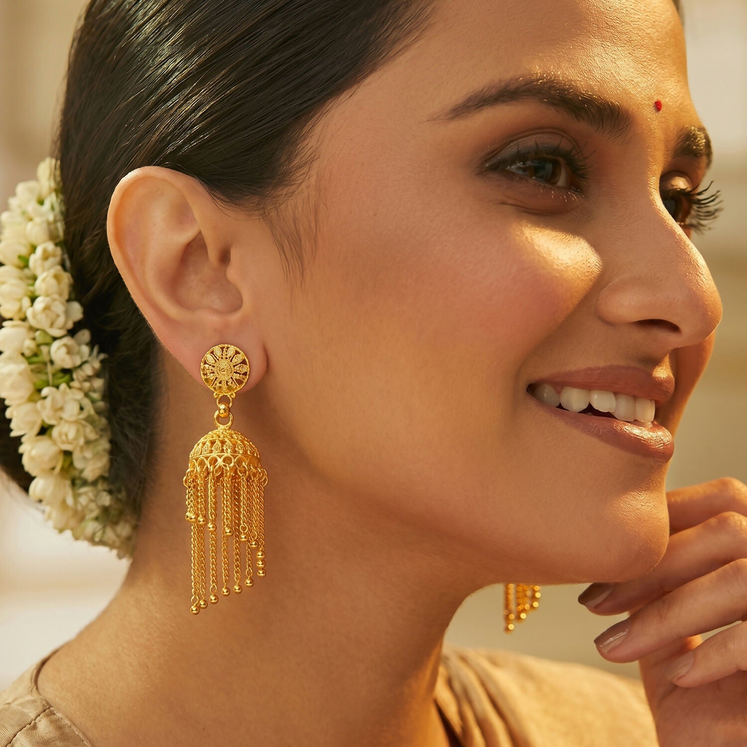 Golden Chain Tassel Jhumka Earrings - Stylish Party Jewellery for Women