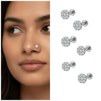Close-up view of silver plated crystal floral cluster nose pin