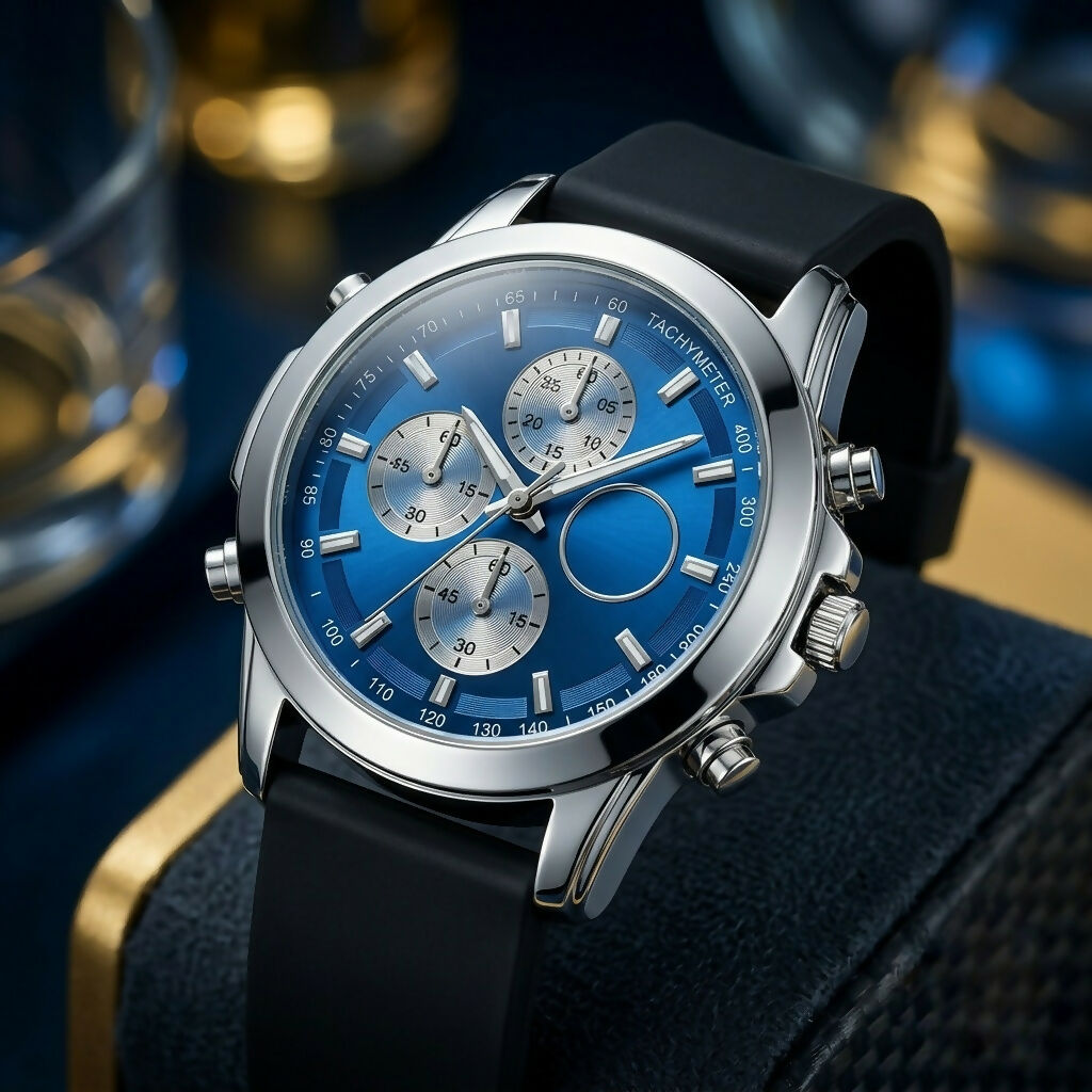 Close-up of a silver watch with a blue face and black silicone band, resting on a dark blue display stand.