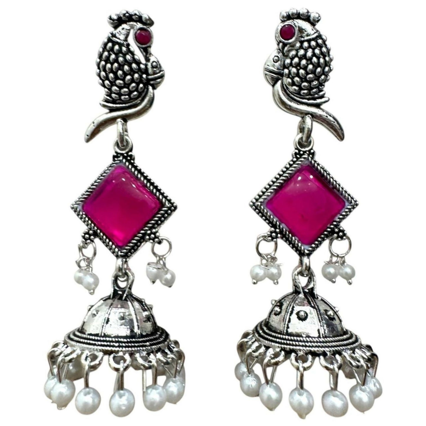 Oxidised Silver Pink Stone Parrot Design Jhumka Earrings for Women & Girls