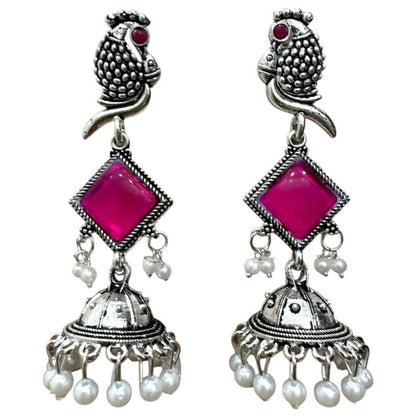 Oxidised Silver Pink Stone Parrot Design Jhumka Earrings for Women & Girls