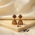 Kishi Jewels Antique Gold-Plated Square Rhombus Jhumka Earrings with Ruby and Emerald Accents