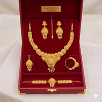 Gold Plated Bridal Jewellery Set Leaf Necklace Earrings Maang Tikka Nath Bracelet