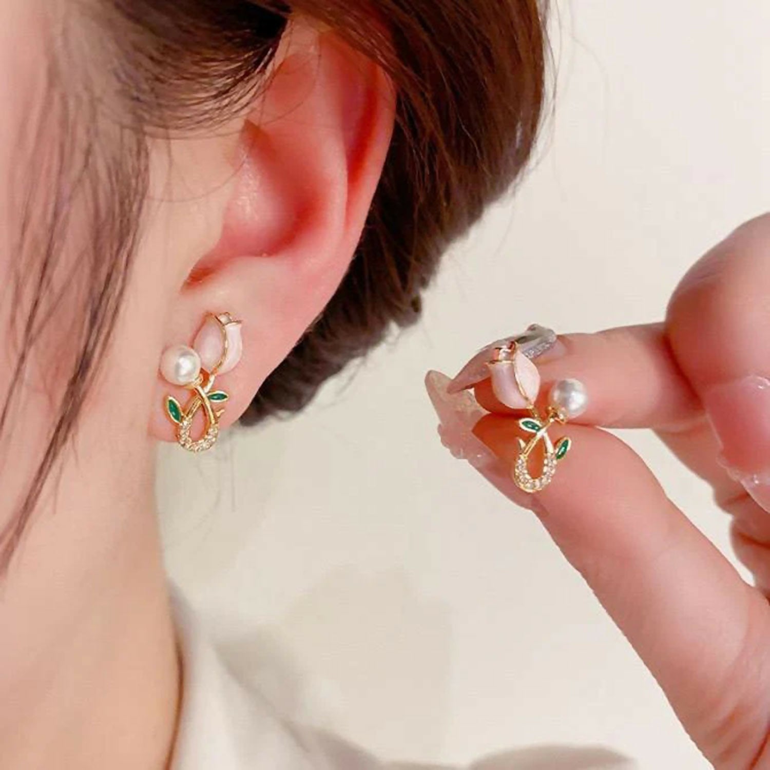 Pink Blossom & Pearl stud earrings with micro-crystals on gold-toned base