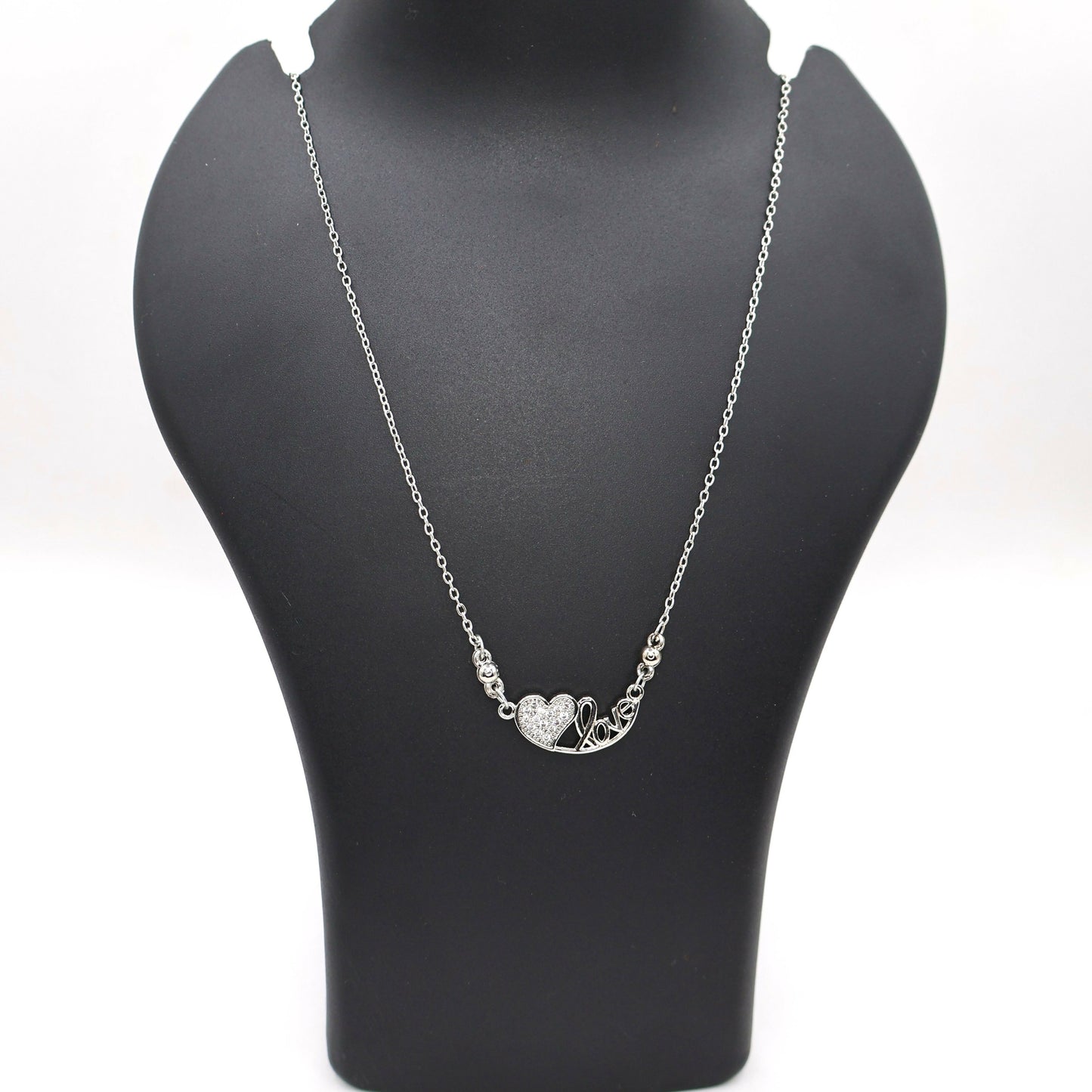 Silver Tone AD Pave Heart & Script 'Love' Pendant Necklace For women and girls