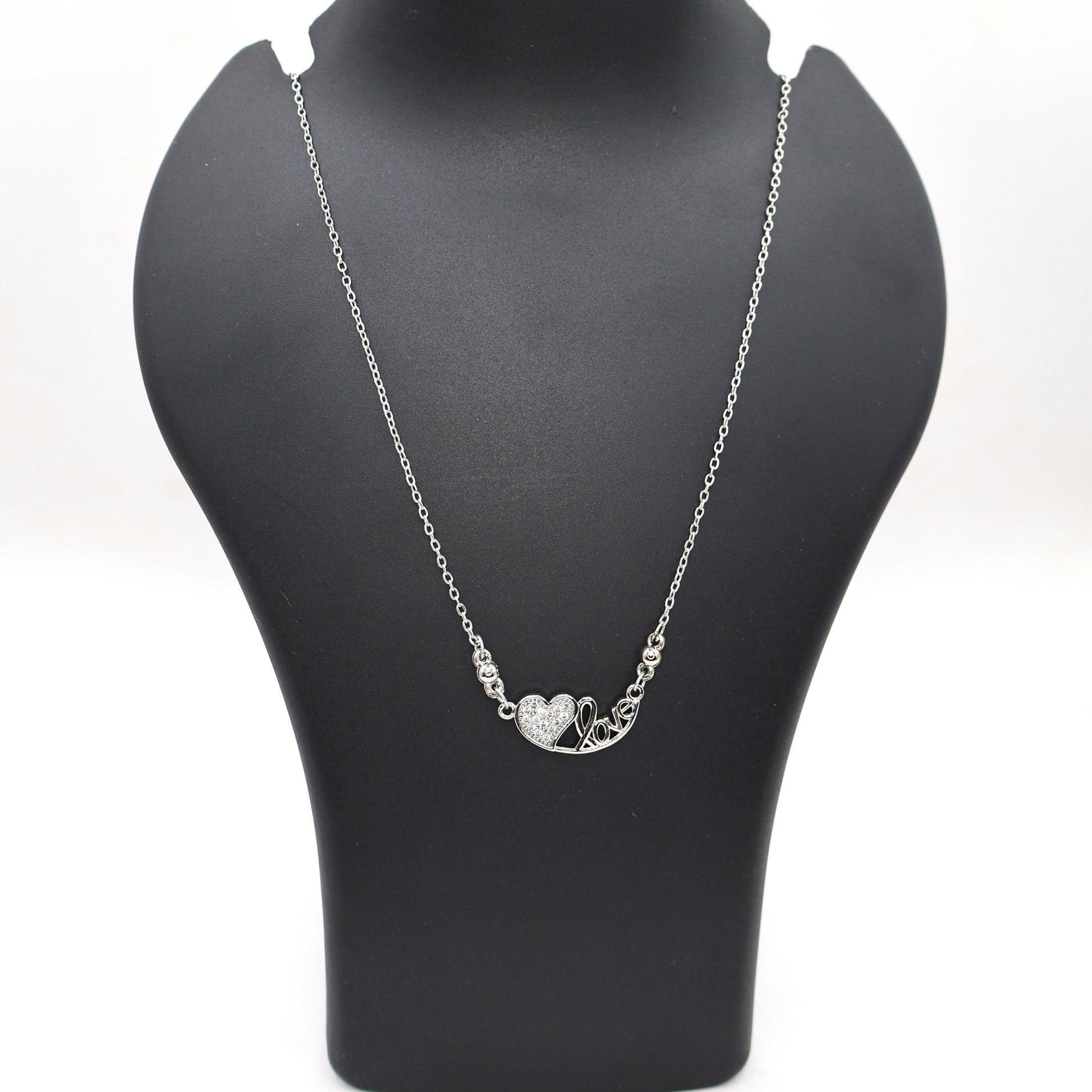 Silver Tone AD Pave Heart & Script 'Love' Pendant Necklace For women and girls