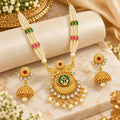 Gold Plated Multicolour Beaded Necklace Set with Peacock Pendant and Jhumka Earrings