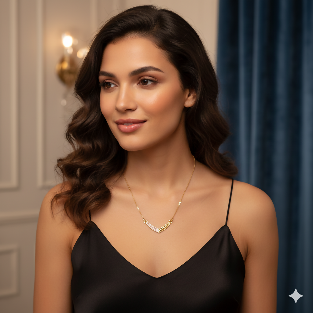 Gold plated necklace showing unique asymmetrical V-shaped geometric lattice and crystal design