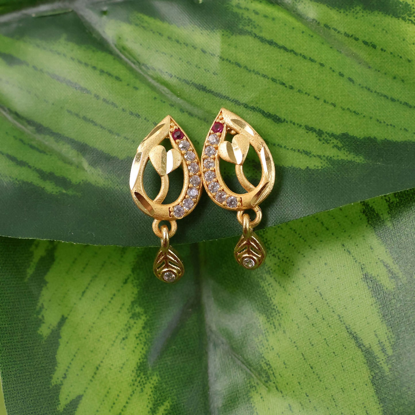 Ruby Blossom Teardrop Leaf Drop Gold and Stone Earrings