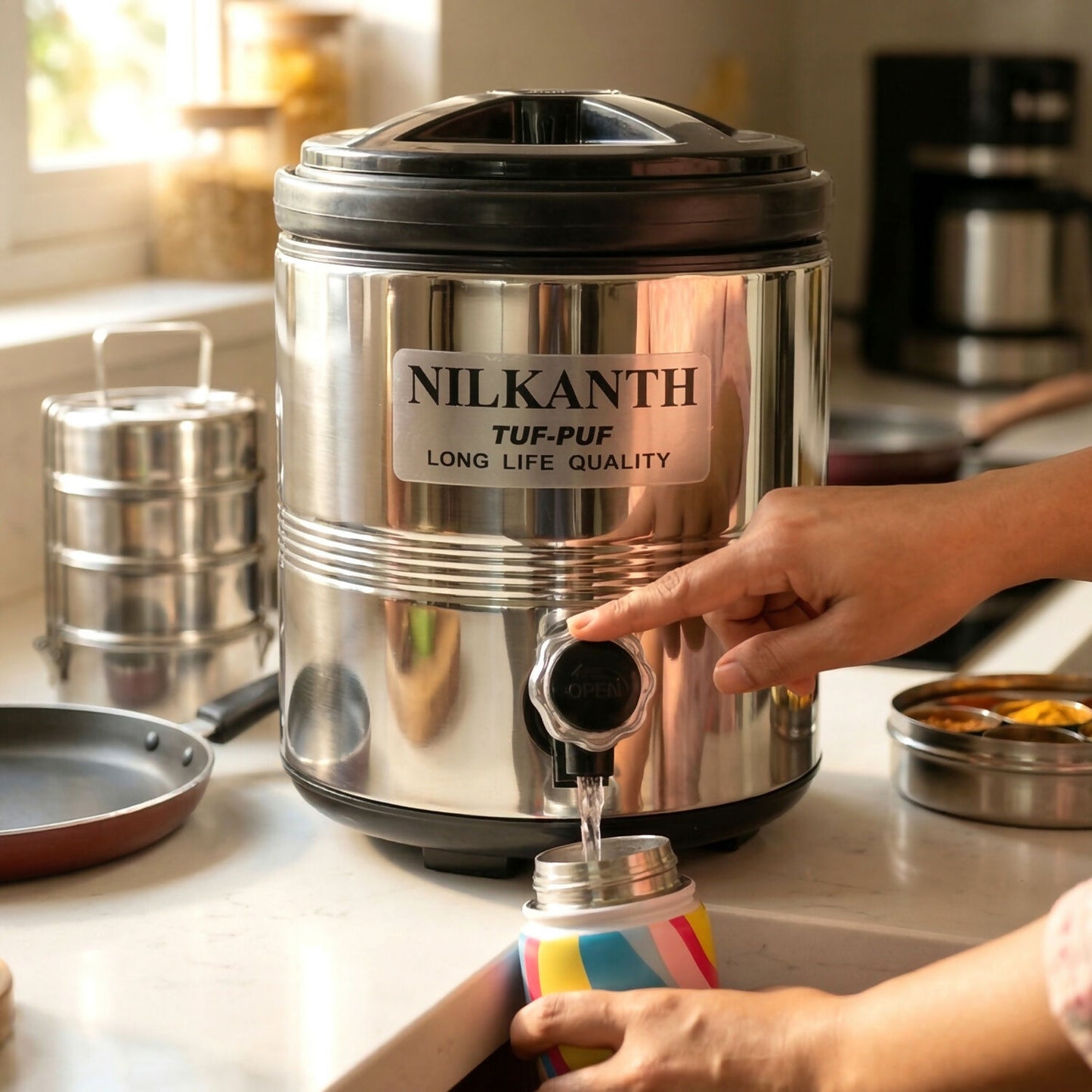 Pouring water through tap of Nilkanth Splash 6000 dispenser