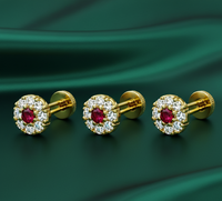 Gold Ruby & Diamond Halo Floral Screw-Back AD Studs Combo Pack of 3 PCS