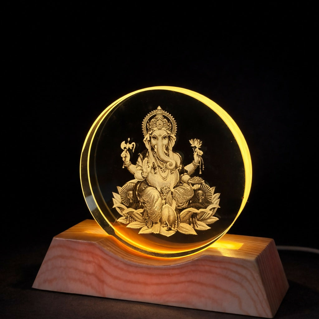 Ganesh Engraved Acrylic LED Night Lamp with Wooden Base for Home Decor