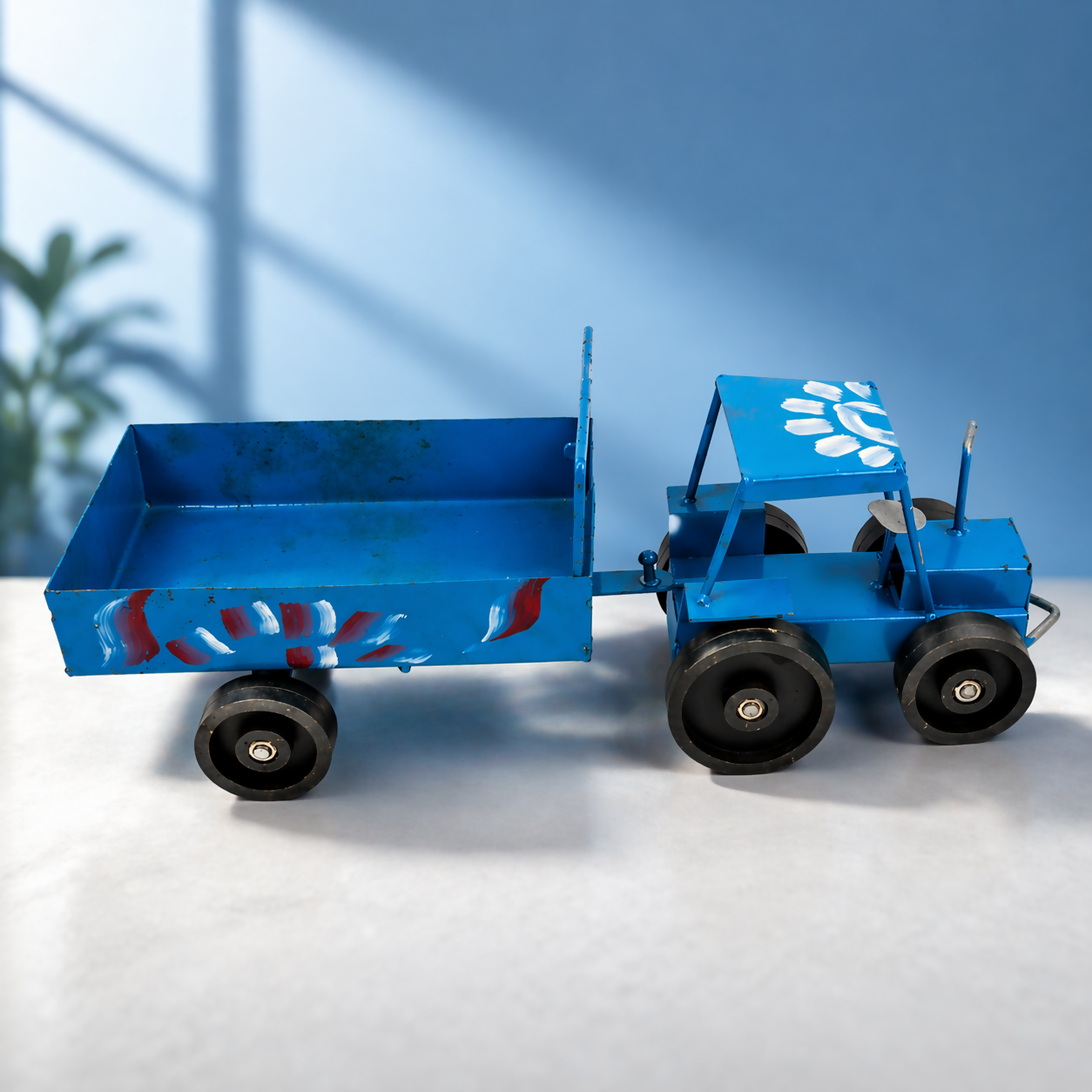 Handcrafted Blue Metal Tractor Toy Small