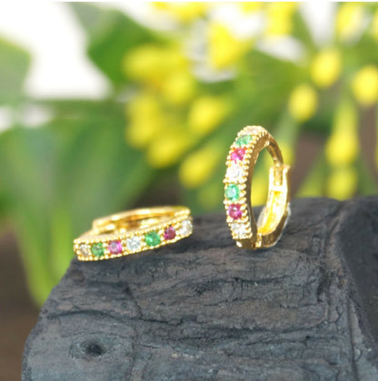 Gold Plated Bezel AD Bali Huggie Hoop Earrings Kan ki Bali for Daily Wear Combo Pack of 2