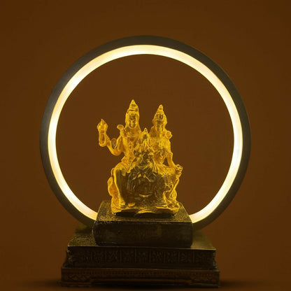 Golden Shiv Parvati Ganesh LED Table Lamp with Decorative Ring Light | Spiritual Home Decor Night Lamp | Antique Finish Religious Gift for Puja Room, Living Room, Bedroom & Office | Divine God Idol with LED Circle Light