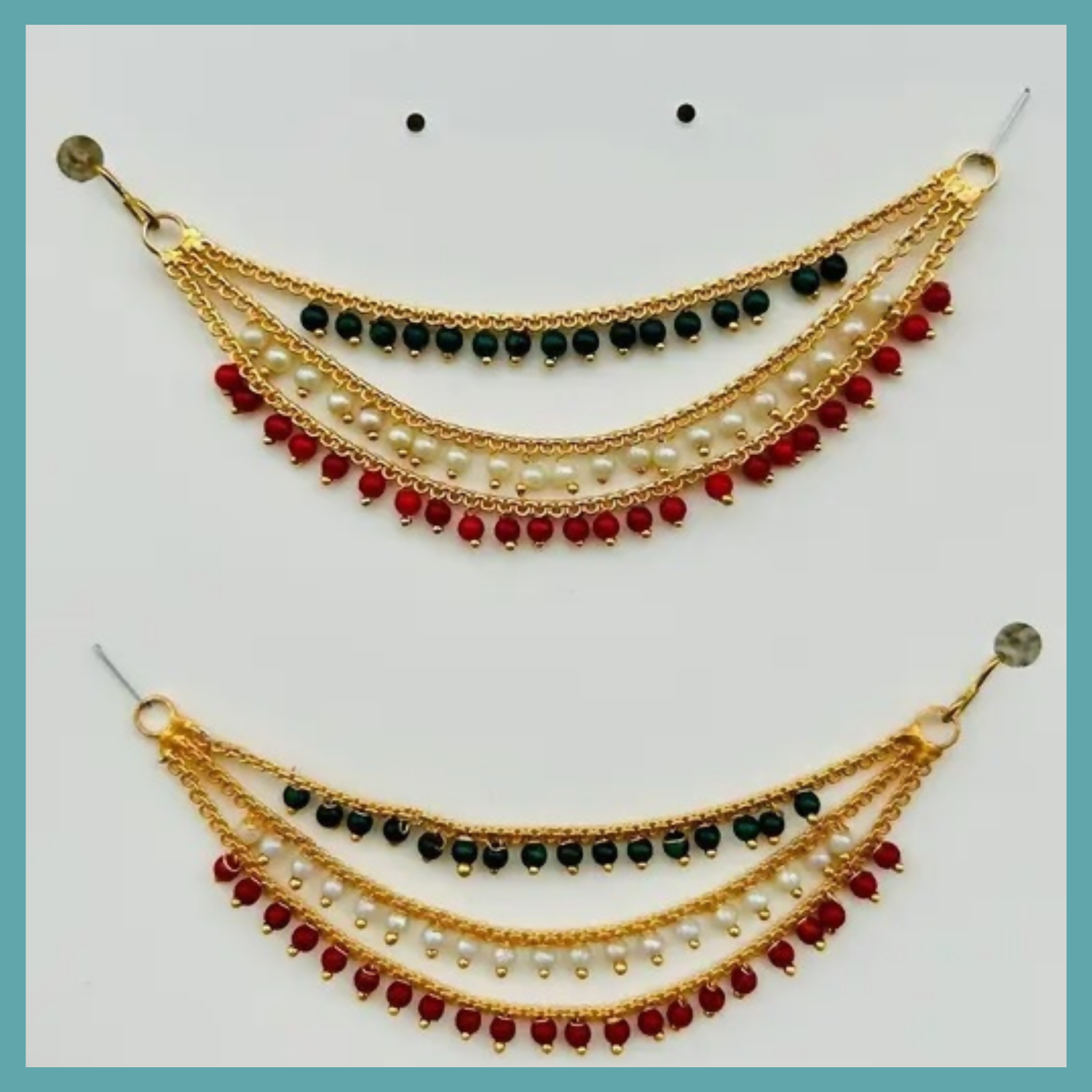 Gold-Plated Ear Chain Kanser with Red Green Beads and Pearls for Women’s Wedding Jewelry