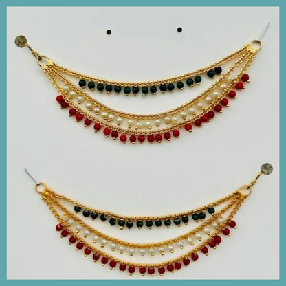 Gold-Plated Ear Chain Kanser with Red Green Beads and Pearls for Women’s Wedding Jewelry