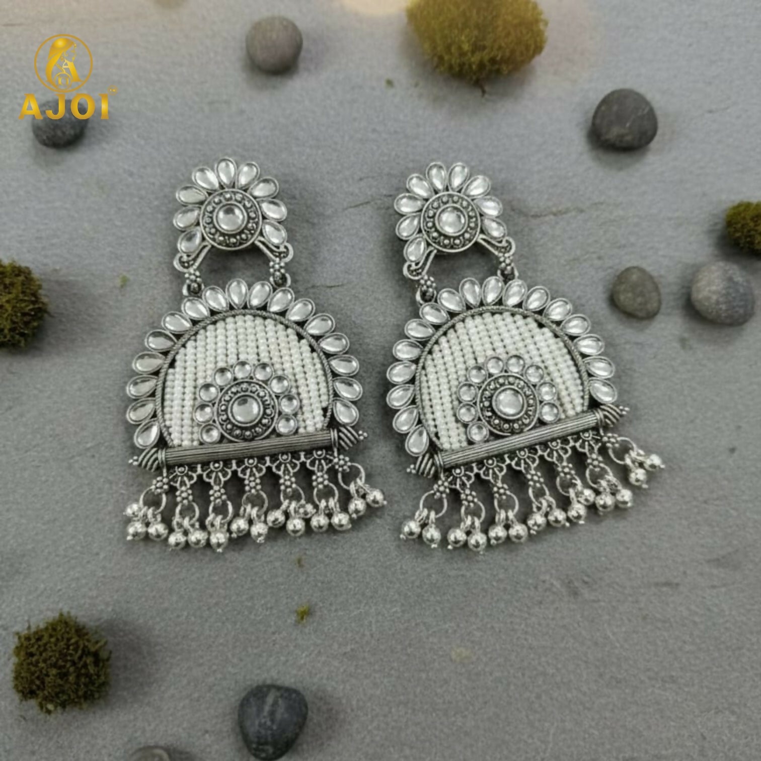 Traditional Oxidized Silver Jeco Chandbali Earrings