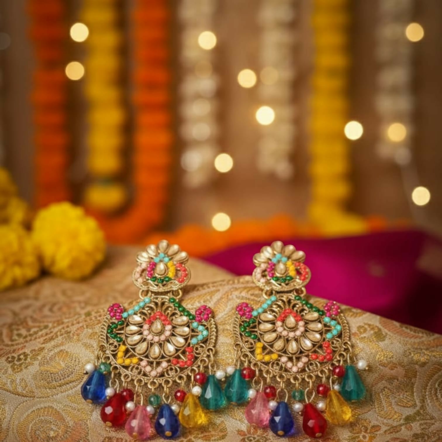 Royal Multicolor Kundan Chandbali Earrings.