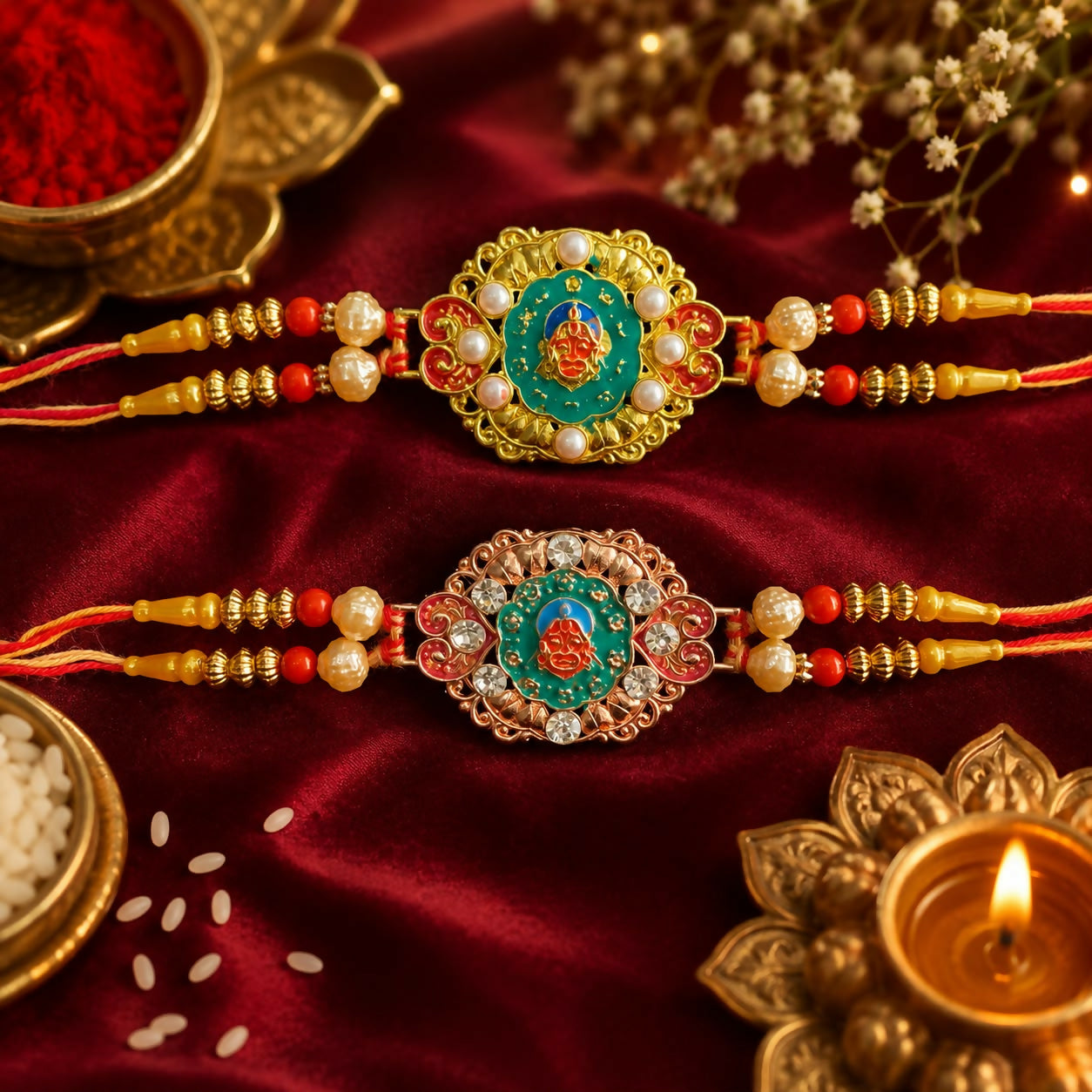 Two Hanuman Ji designer rakhis with gold and rose gold accents, pearls, and red threads, on a deep red velvet cloth with