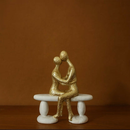 Golden Couple Sitting on Bench Showpiece for Home Decor & Romantic Gifting