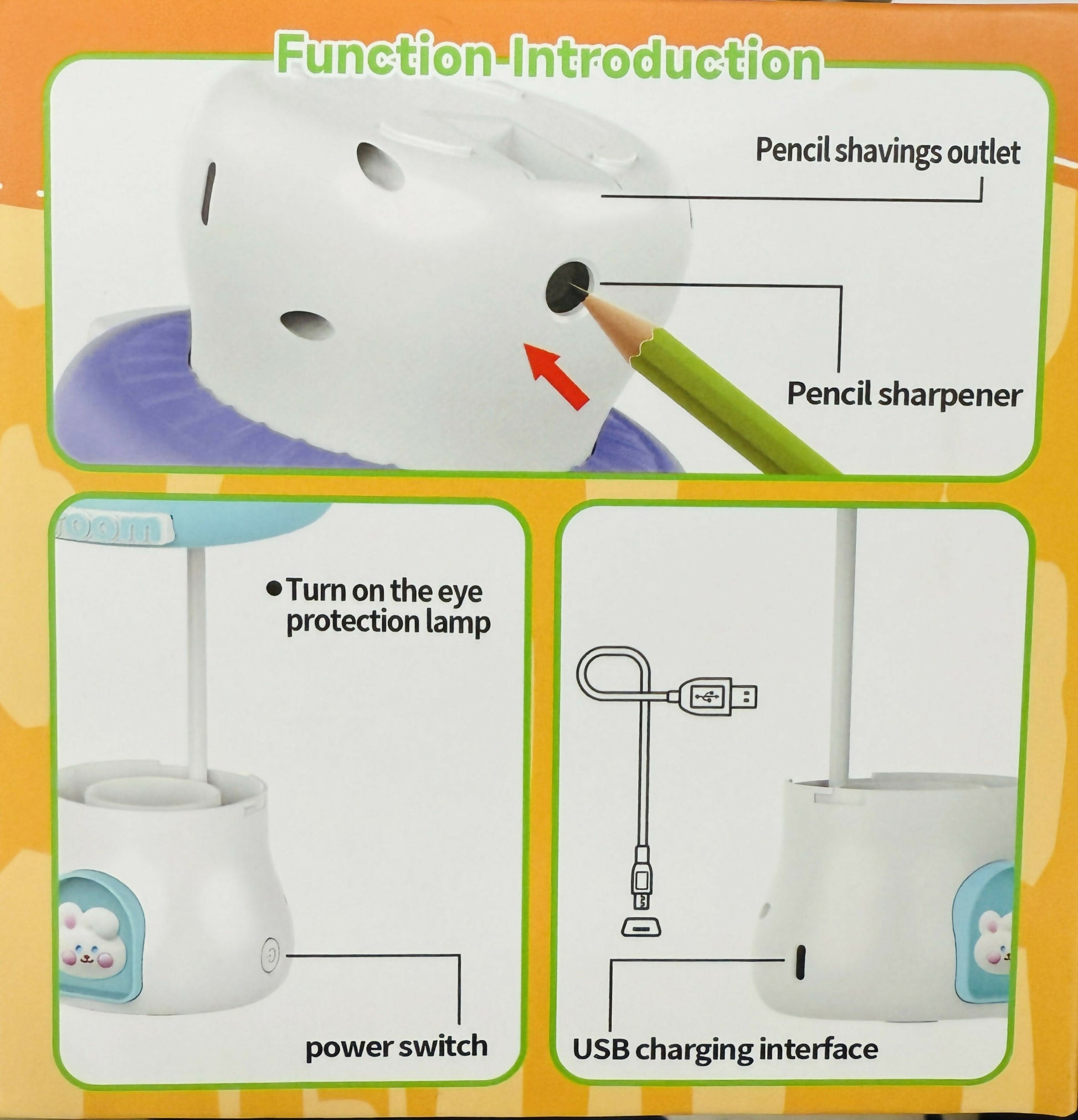 Pink Mushroom Study Table Lamp with Pencil Sharpener & USB Charging