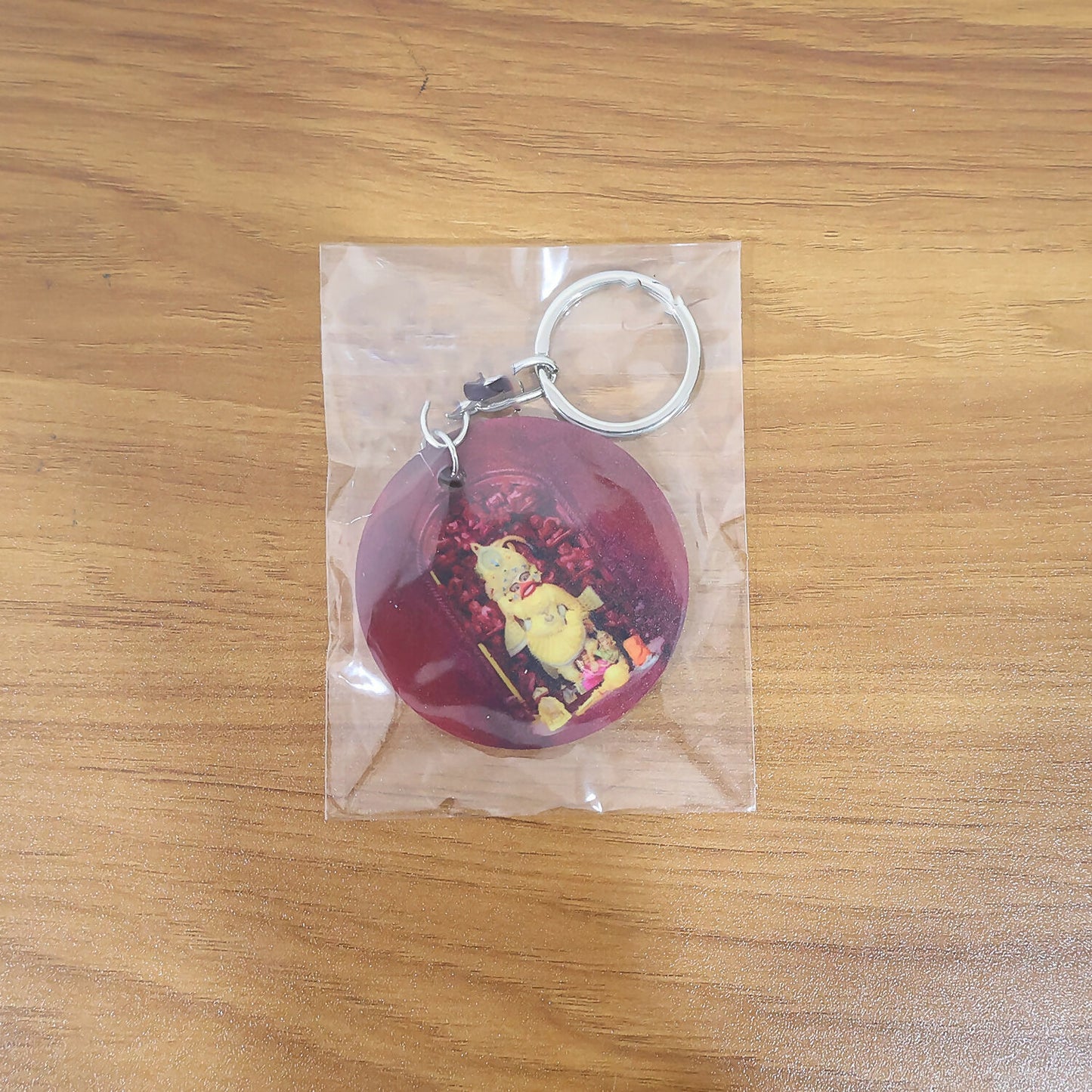 Devotional Hanuman Mandir Printed Round Keychain – Rich Maroon Finish & Durable Metal Ring
